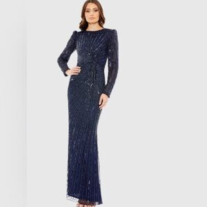 NWT $598 Mac Duggal Sz 10 5641 Embellished Puff Sleeve Side Knot Gown Navy Blue